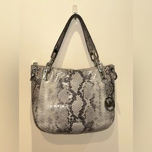 🥈 Michael Kors Snake Skin Embossed Hand Bag Medium Black Grey Silver Excellent
